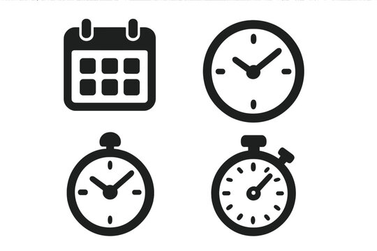 Simple black time management icons set with calendar, clock, stopwatch, and timer elements, vector cartoon illustration on transparent background, ordered and clear design for productivity tools