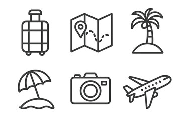 Travel icons set with linear style suitcase, map route, palm tree island, beach umbrella, camera photography, and airplane flight symbol, vector cartoon illustration collection