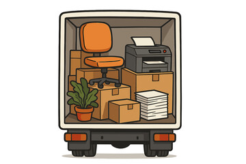 Hand lettering we've moved concept with office furniture and equipment in back of a moving truck, packed cardboard boxes, swivel chair, printer, and documents, plant inside transport van