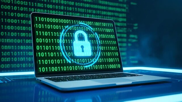 Laptop featuring a digital padlock icon to signify data security, set against a backdrop of binary digits symbolizing cybersecurity, within a sleek blue tech-inspired environment emphasizing the digit