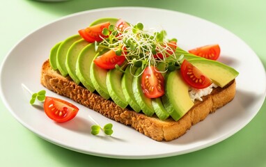Avocado Toast Sandwich. Fresh Open Face on White Plate.