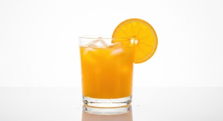 Fototapeta premium Refreshing Orange Juice with Lemon Slice on Clear Glass in Bright Minimalist Setting