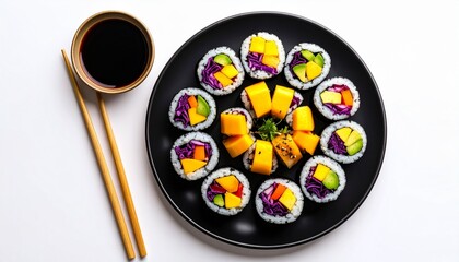 Colorful Vegan Sushi Rolls with Soy Sauce and Chopsticks