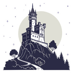 A majestic castle on a hill under the moonlight creates a fantasy scene © Forida