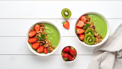 Healthy Green Smoothie Bowls with Fresh Fruit and Granola
