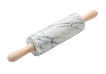 Marble rolling pin with wooden handles isolated on transparent background, kitchen utensil for baking and pastry making