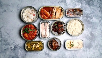Assortment of Canned Fish, Seafood, and Rice Dishes
