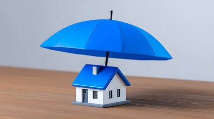 A small-scale model of a residential house, placed beneath a large, vibrant blue umbrella, symbolizing the concept of protection and security for a home.