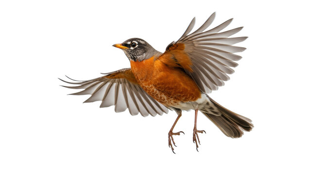 American robin in flight PNG isolated on transparent background, orange breasted bird with wings spread for nature and wildlife concepts