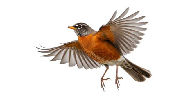 American robin in flight PNG isolated on transparent background, orange breasted bird with wings spread for nature and wildlife concepts