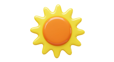 Bright yellow sun with orange center isolated PNG, cheerful summer sunshine symbol for weather forecast and children s designs