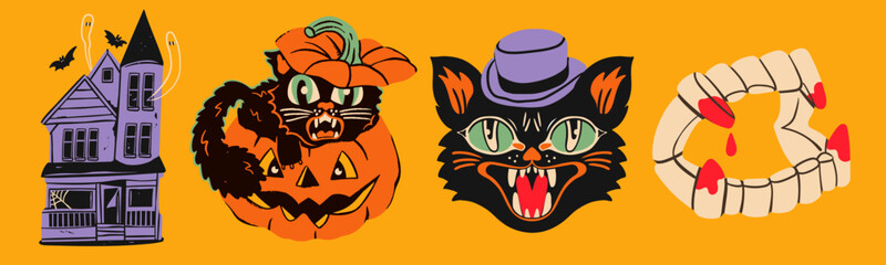 Jack Lantern pumpkin, black cat, haunted house, bloody vampire teeth. Halloween, spooky, scary autumn clip arts. Hand drawn trendy Vector illustration. Isolated design elements. Logo, print templates