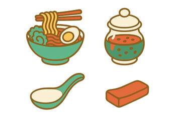 Japanese Ramen Noodle Soup Bowl with Chopsticks, Soft Boiled Egg, and Asian Food Condiments