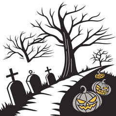 Spooky halloween scene with pumpkins, tombstones, and a gnarled tree