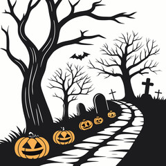 Spooky halloween night scene with pumpkins, graveyard, and bare trees