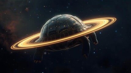 A giant tortoise with a glowing ring around its shell floats in the vastness of space.
