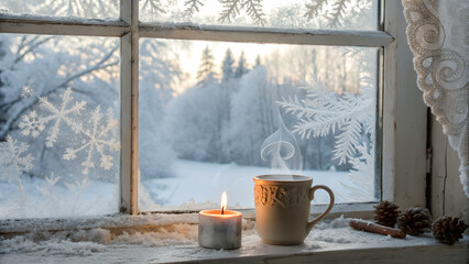 Frosted window with ice crystals and blurred snowy forest outside, warm candle and mug of tea in foreground, cozy interior atmosphere, soft natural light, copy space, photorealistic, high resolution.