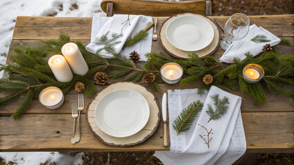 Rustic wooden table set for winter dinner, white plates, evergreen branches, candles, linen napkins, cozy natural atmosphere, overhead view, copy space, photorealistic, perfect for holiday promotions.