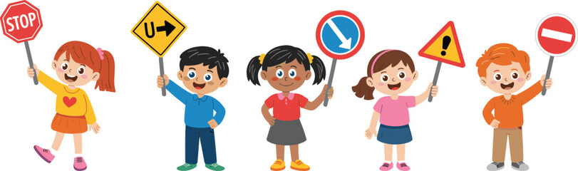 Happy children holding road signs illustration, educational traffic safety vector, kids learning street rules, stop sign, warning sign, prohibition sign, cartoon character design.