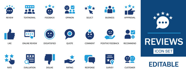 Review icon set. Featuring feedback, rating, testimonial, satisfaction, comment, opinion, like, customer, recommend and more. Solid vector illustration icons. Perfect for business, apps, and reports.