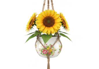 Bright sunflower arrangement in decorative hanging planter with green leaves isolated on transparent background