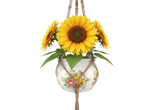 Bright sunflower arrangement in decorative hanging planter with green leaves isolated on transparent background
