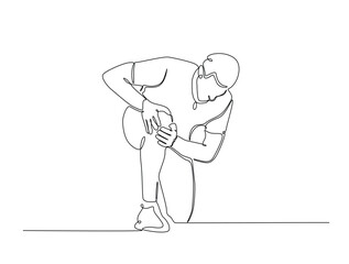 Continuous line art drawing of young man with knee pain. Man struggle with leg injury or trauma in single line art drawing vector illustration. Editable stroke.