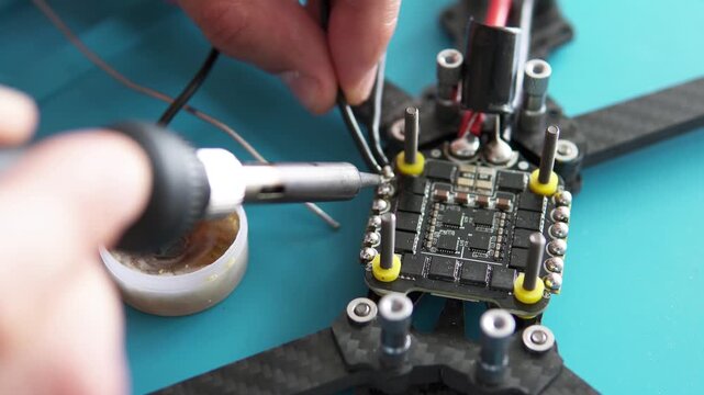 A specialist performs soldering on an FPV drone, attaching power and signal wires to its control board.