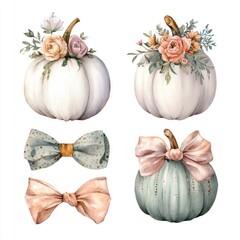 Pumpkins and Bows, Watercolor Style, on White. For Fall Crafts and Decorations