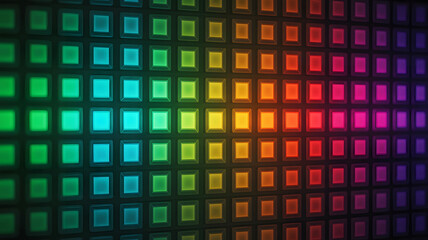 A colorful array of square lights arranged in a grid pattern with gradient from green to purple hues
