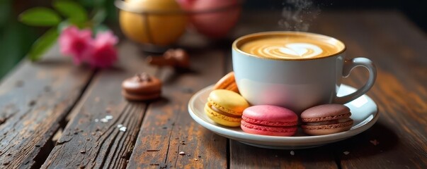Warm coffee, delicate macarons, aged kitchen table , sugar, foodphotography
