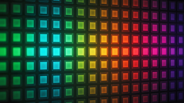 A colorful array of square lights arranged in a grid pattern with gradient from green to purple hues