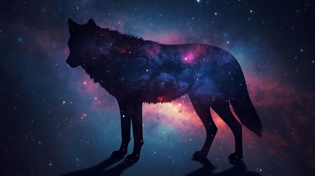 A majestic wolf silhouette filled with a vibrant cosmic nebula and starry sky.