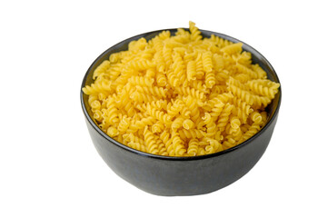 Fusilli pasta overhead shot isolated on white background