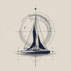 Sailboat Sketch Navigating Abstract Ocean. Use Nautical themes, graphic design