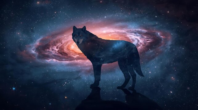 A majestic wolf stands silhouetted against a swirling, colorful galaxy in this stunning cosmic artwork.