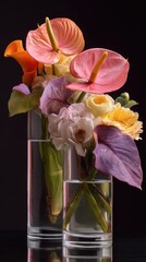 Flowers in Vases Arrangement Floral Still Life for Home Decor, Dark Background