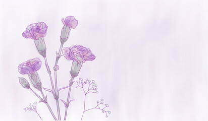 A cute bouquet of Purple carnations and baby's breath, drawn in a line art style with ample copy space and a gentle, fluffy feel.