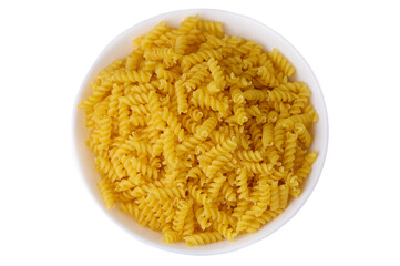 Top view of Fusilli pasta on white background
