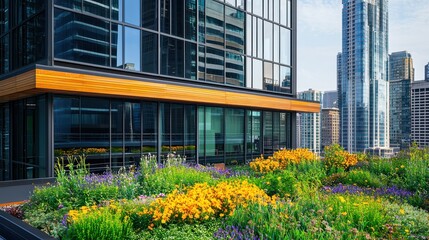 Modern building with a vibrant rooftop garden in an urban setting.