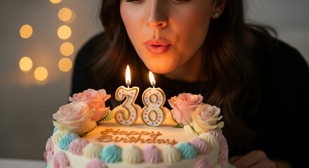 Woman blows out candles on 38th birthday cake