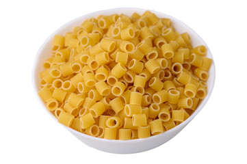 Uncooked Ditali Pasta in White Plate on White Background