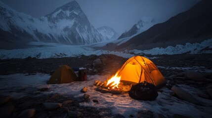 Camping adventure by a fire remote mountain glacier night photography serene wilderness intimate perspective cozy atmosphere for enthusiasts