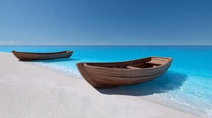 Two wooden rowboats sit idly on the pristine white sand of a peaceful tropical beach, surrounded by the clear turquoise waters of the ocean under a bright blue sky.