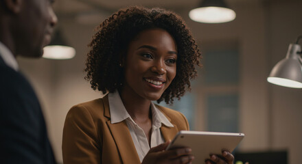 Confident businesswoman presents data on tablet during meeting, showcasing modern collaboration and insightful analytics for strategic business decisions