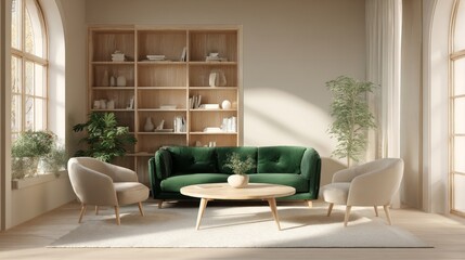 Modern living room with green velvet sofa and wooden bookshelf