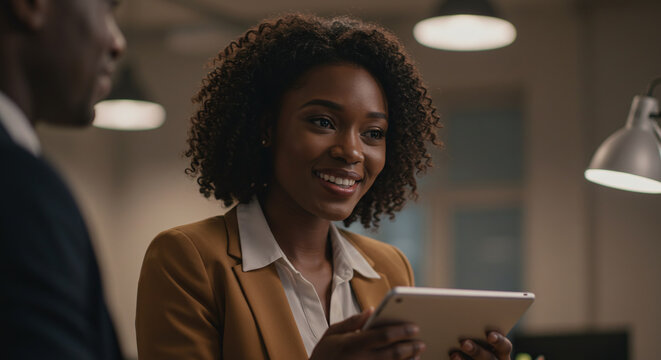 Confident businesswoman presents data on tablet during meeting, showcasing modern collaboration and insightful analytics for strategic business decisions