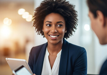 Smiling businesswoman with tablet in modern office, discussing strategy with colleague, a professional and confident leader in a dynamic work environment