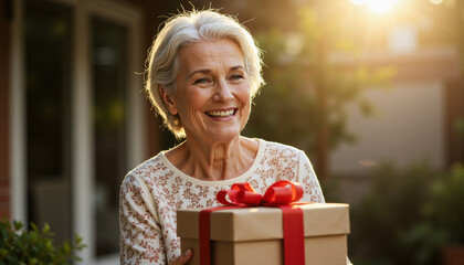 Elderly woman smiling while holding a gift with a red ribbon outdoors  