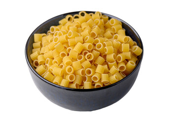 Uncooked Ditali pasta in black plate isolated on white background